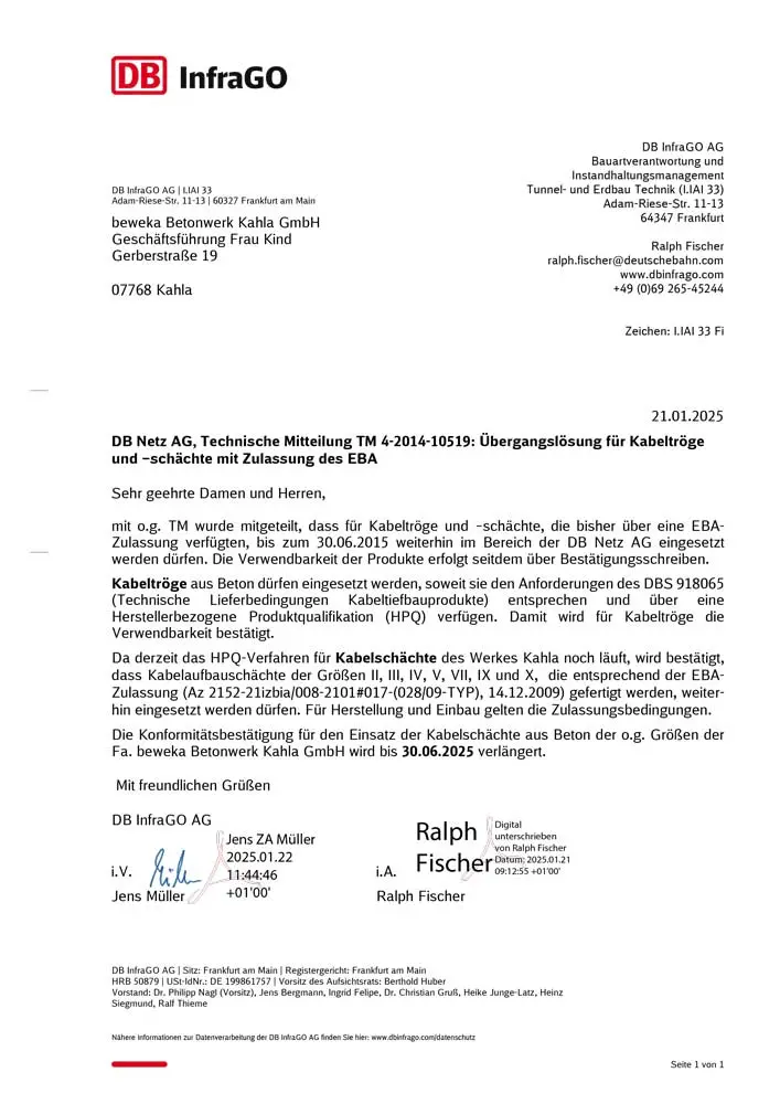 Technische Mitteilung von DB Netz AG mit Details zu Kabelüberträgen und Zulassungen.