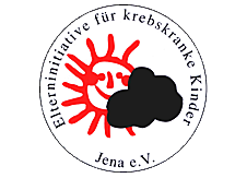 Logo der Elterninitiative für krebskranke Kinder mit Sonne und Wolke in rot und schwarz.