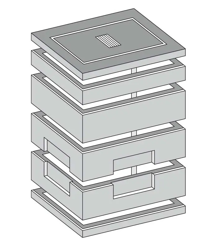Technisches Diagramm eines Kabelaufbauschachts mit mehreren Schichten und Öffnungen.