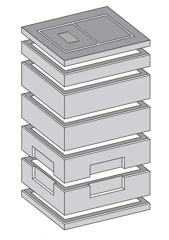 Grafische Darstellung eines Kabelaufbauschachts mit mehreren Schichten und Öffnungen.