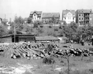 Holzstapel im Vordergrund mit mehreren Wohnhäusern im Hintergrund in Schwarz-Weiß.