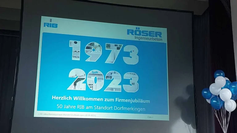 Präsentation zum Firmenjubiläum von RIB und RÖSER Ingenieurbüro mit den Jahren 1973 und 2023.