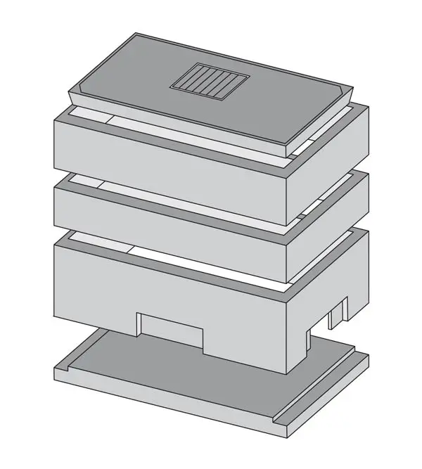 Illustration eines Kabelabzweigkastens mit mehreren gestapelten Schichten und einem oberen Deckel.