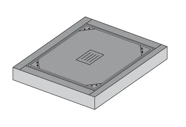 Technische Zeichnung einer Kabelschachtabdeckung mit quadratischem Design und Entwässerungslöchern.