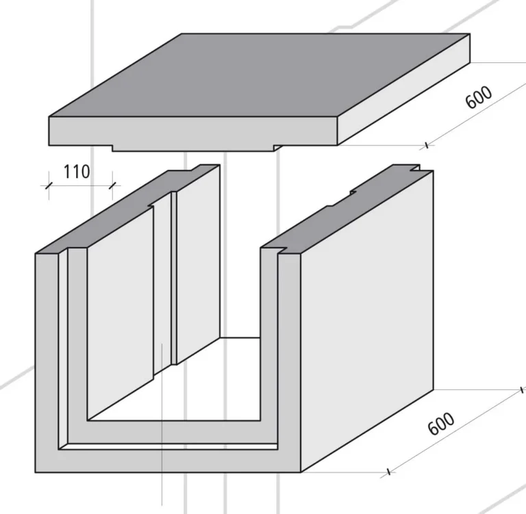 Technische Zeichnung eines Betonkabelkanals mit Abdeckung und Maßangaben.