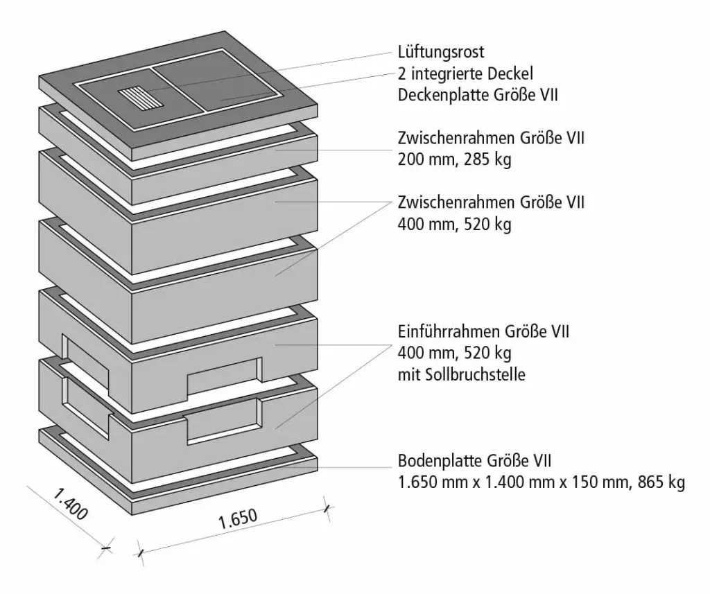 Technische Zeichnung eines Kabelaufbauschachts mit Abmessungen und Komponenten.
