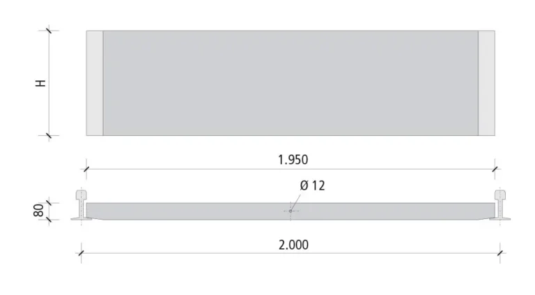 Technische Zeichnung einer Schotterhalteplatte mit Maßen und Details.