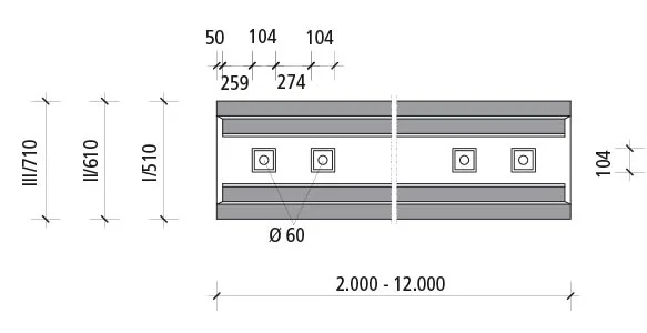 Technische Zeichnung einer Stahlbetonkabelkanalbrücke mit Abmessungen und Details.