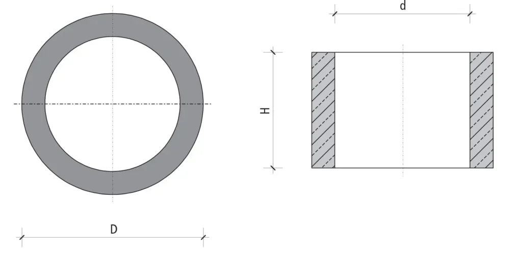 Technische Zeichnung eines Betonrings mit Durchmessern und Höhenangaben.