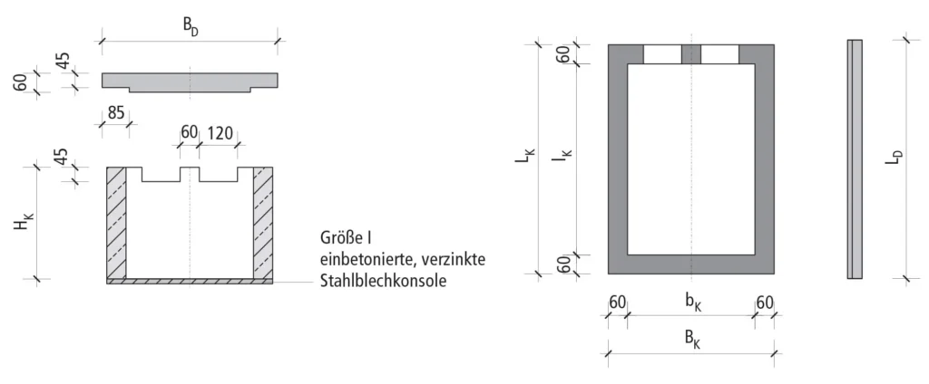 Technische Zeichnung eines Betonschutzkastens mit Maßen und Details.