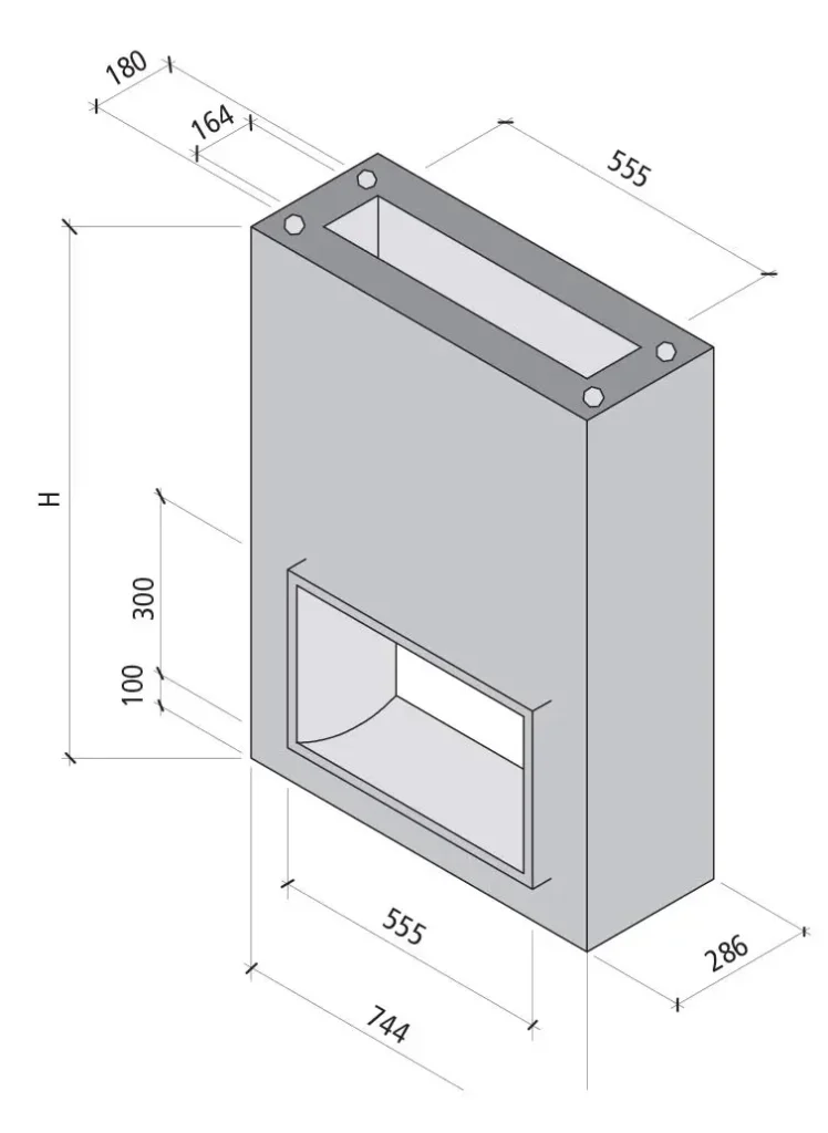 Technische Zeichnung eines Betonsockels mit Abmessungen für Kabelverteiler in neutralem Design.