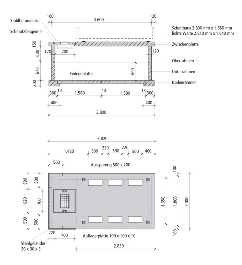 Technische Zeichnung eines Schalthausfundaments mit Abmessungen und Details zu Kabelkeller und Einlegeplatte.